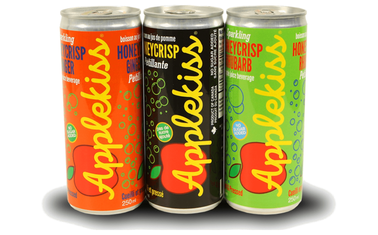 3 cans of Applekiss sparkling apple juice. Honeycrisp ginger, honeycrisp, and honeycrisp rhubarb