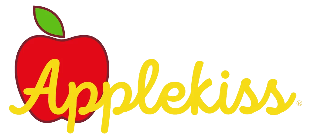 Applekiss Logo in yellow text with a red apple behind it